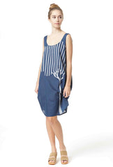 Trapeze Dress - Stripe Tree Print - Grey / Baltic Bue