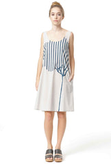 Trapeze Dress - Stripe Tree Print - Grey / Baltic Bue