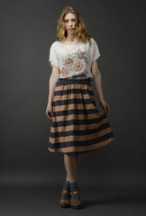 Sophia Silk Skirt - Stripe Print - Brown / Navy