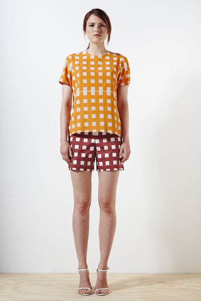 Thames Silk Tee - Wimbledon Check Print - Yellow / Cream