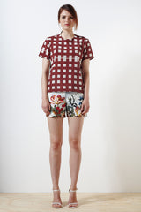 Thames Silk Tee - Wimbledon Check Print - Teal / Cream