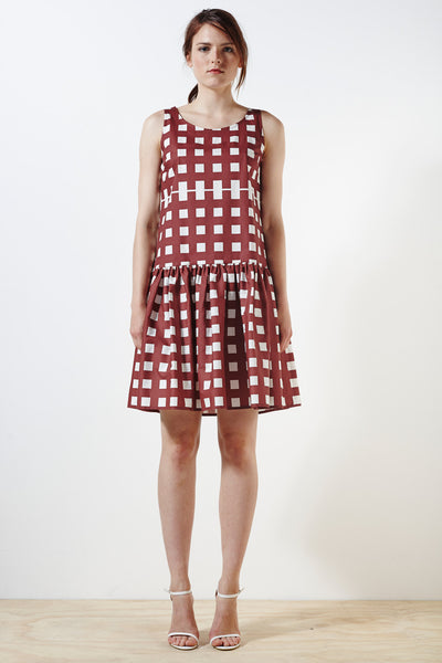 Cotswolds Cotton Dress - Wimbledon Check Print - Burgundy / Cream