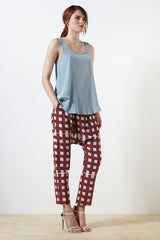 Beaumont Silk Pant - Wimbledon Check Print - Burgundy / Cream