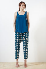 Beaumont Silk Pant - Wimbledon Check Print - Teal / Cream