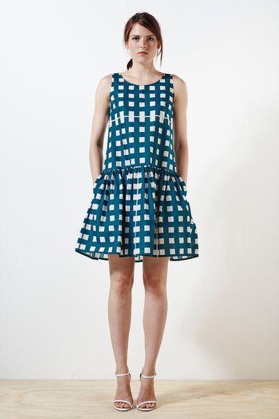 Cotswolds Cotton Dress - Wimbledon Check Print - Teal / Cream