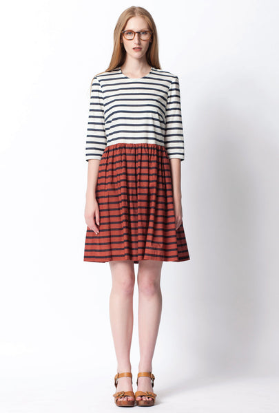 Cochella Cotton Dress - Mid Stripe Print - Navy / Cream / Bronze
