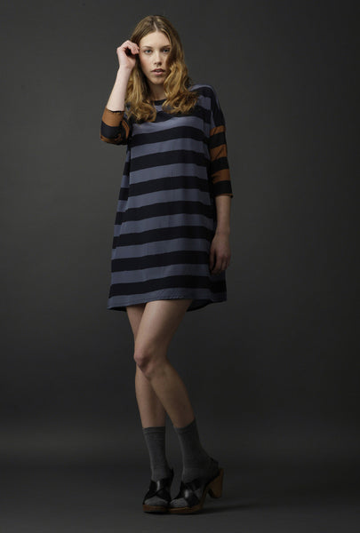 Hardy Silk Dress - Handpainted Stripe Print - Navy / Marine Blue