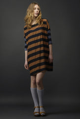 Hardy Silk Dress - Handpainted Stripe Print - Brown / Navy