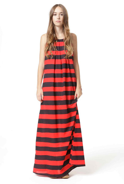 Maxi Dress - Handpainted Stripe Print - Navy / Red