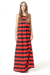 Maxi Dress - Handpainted Stripe Print - Navy / Red