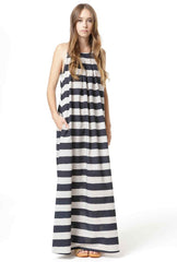 Maxi Dress - Handpainted Stripe Print - Brown / Grey