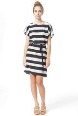 Silk Tunic - Handpainted Stripe Print - Navy / Grey