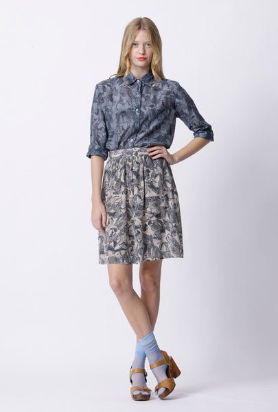 Harvard Silk Cotton Shirt - Aviary Print - Steel Blue / Dusty Blue